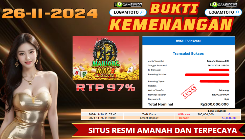 SELAMAT KEPADA MEMBER SETIA LOGAMTOTO BERHASIL JACKPOT DI PERMAINAN SLOT MAHJONG WINS 3