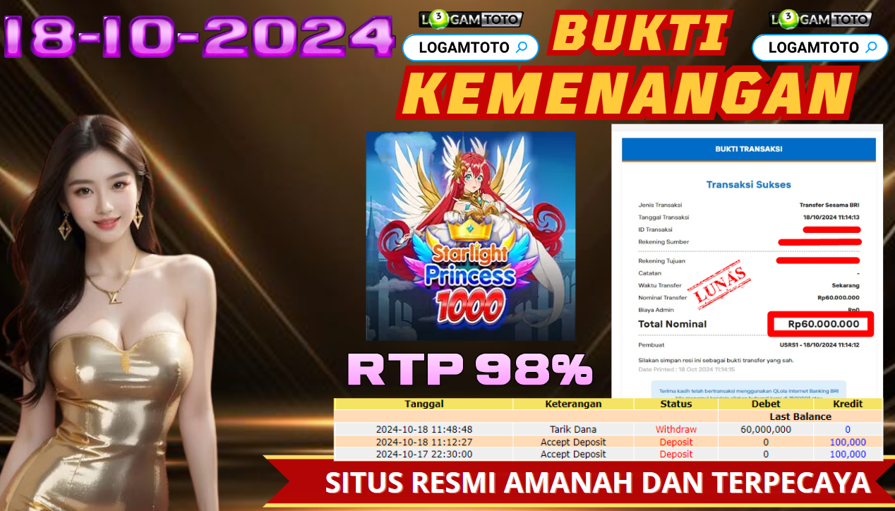 SELAMAT KEPADA MEMBER SETIA LOGAMTOTO BERHASIL JACKPOT DI PERMAINAN SLOT STARLIGHT PRINCESS 1000