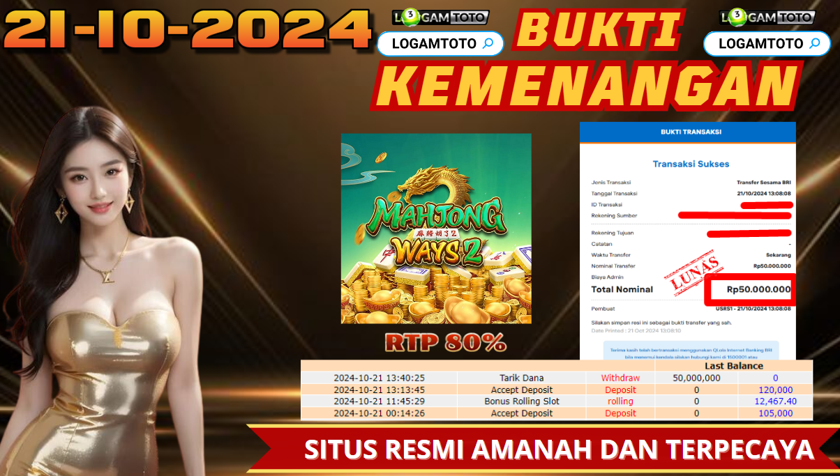 SELAMAT KEPADA MEMBER SETIA LOGAMTOTO BERHASIL JACKPOT DI PERMAINAN SLOT MAHJONG WAYS 2 